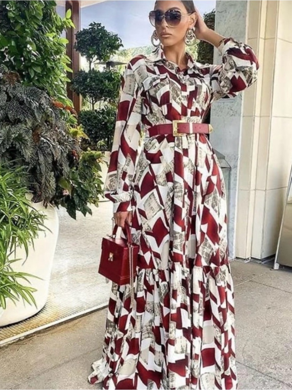 Long Sleeve Maxi Shirt Dress in Burgundy Print